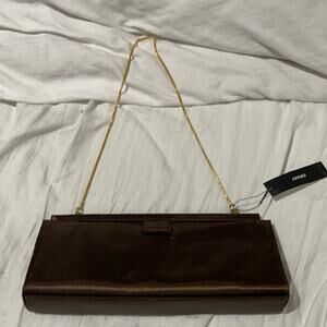 DKNY brown satin evening bag gold toned chain nwt